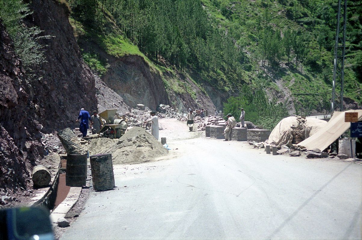 20 Construction On The Main Road Kaghan Valley The main road in the Kaghan Valley is in constant need of repair from rockslides and the edges disintegrating. The road workmen use pick axes, sledgehammers, wheelbarrows and shovels to maintain the road.